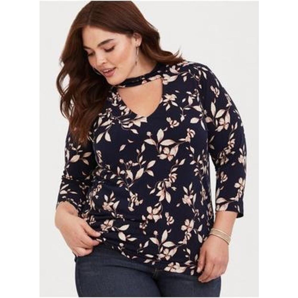 TORRID Floral Studio Knit Choker Neck Navy Blue & Pink 3/4 Sleeve Blouse